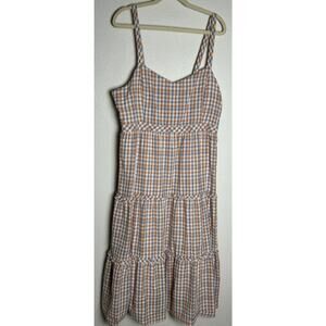 Madewell Gingham Blue and Orange Sweetheart Ruffle-Tiered Midi Dress Size 14
